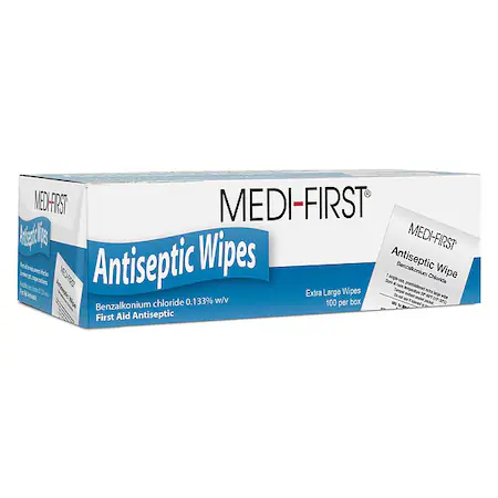 Medi-First antiseptic wipes, box of 100 alcohol-free individual packets