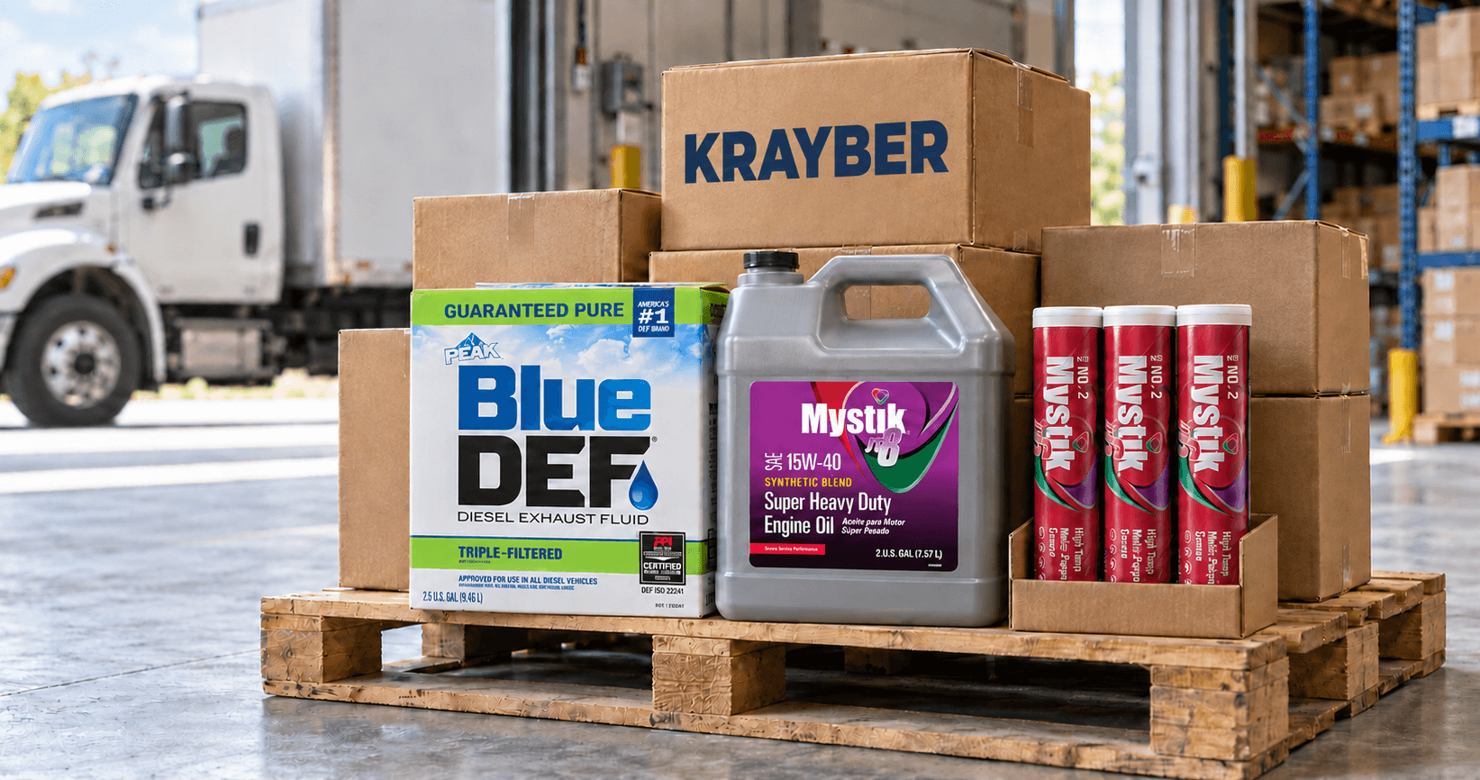 PEAK BlueDEF, Mystik oil and grease beside a Krayber shipping carton, ready for delivery.